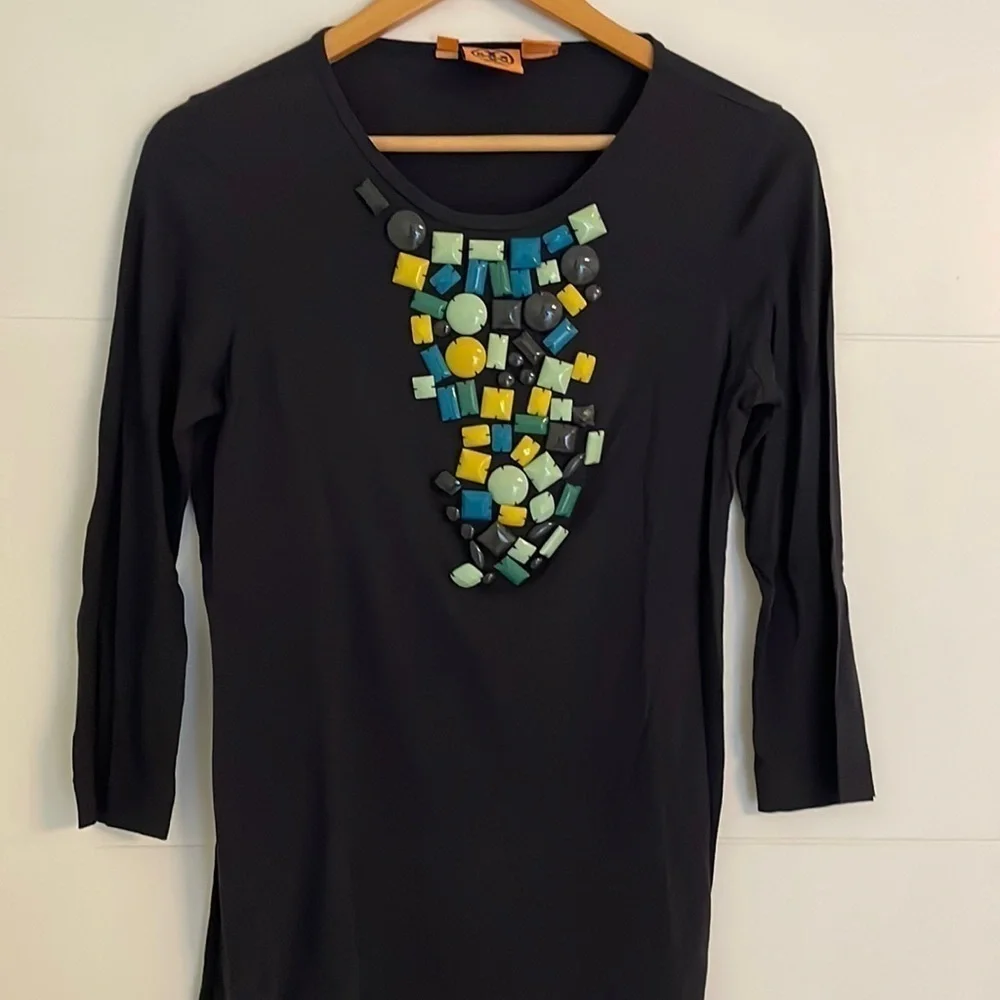 Tory Burch Razi Beaded Navy 3/4 Sleeves Stretchy Embellished Top Career Office S